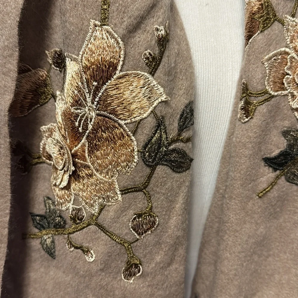 Embroidered 3D Floral Tan Wool Scarf, new